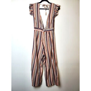 STORIA Womens Small Jumpsuit Striped‎ Wide-Leg Ruffles Lowcut V-Neck